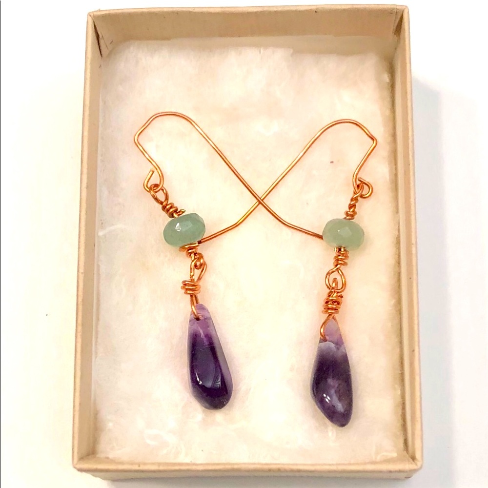 Handmade aventurine and amethyst copper wire drop earrings
